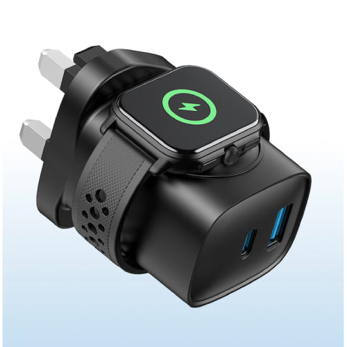 HAVIT UK 22W Mains Fast Charging 2 port USB-A + USB-C with Built-in Magnetic Watch Charger - Black