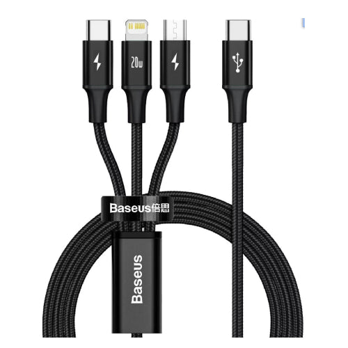 Baseus Rapid Series 3-in-1 Fast Charging Data Cable Type-C to C+L+C PD 20W 1.5m - Black