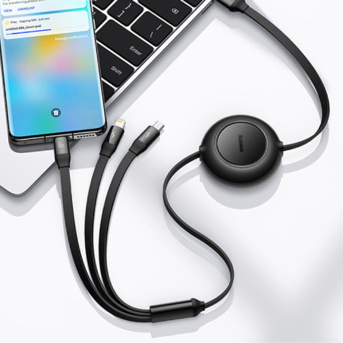 Baseus Bright Mirror 2 Series Retractable 3-in-1 Fast Charging Data Cable USB to M+L+C 66W 1.1M - Black