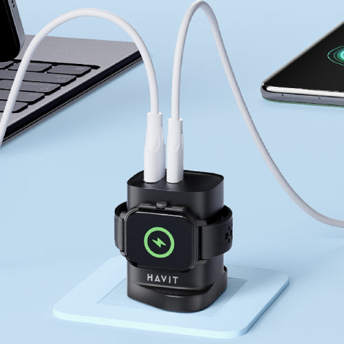 HAVIT UK 22W Mains Fast Charging 2 port USB-A + USB-C with Built-in Magnetic Watch Charger - Black