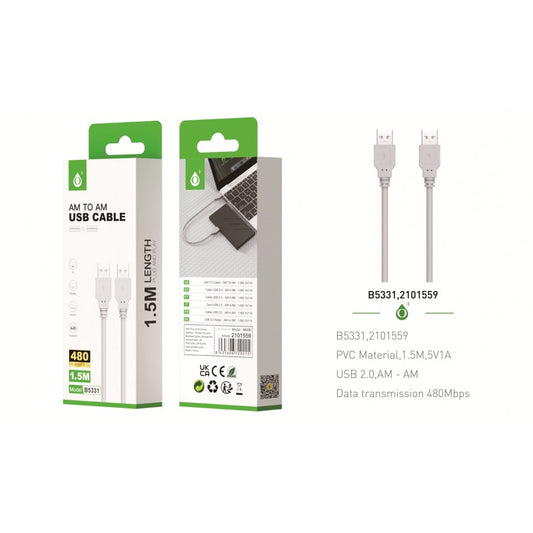 B5331 USB Male to USB Male Cable 2.0 AM to AM, 1.5M, Grey