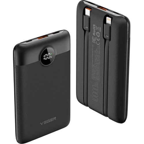 Veger C11 22.5W PD 10,000mAh Power Bank With Built In Non-MFI Lightning & USB-C Cable - Black