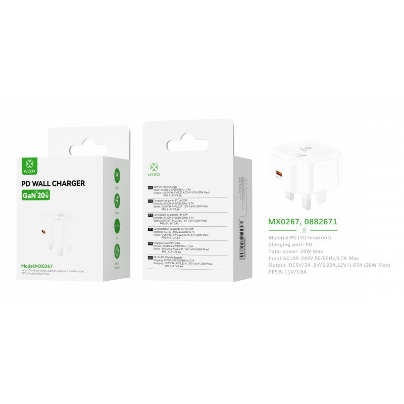 Woox MX0267 Mini UK Type-C 20W GaN PD Wall Charger without Cable, 5V 3A, White