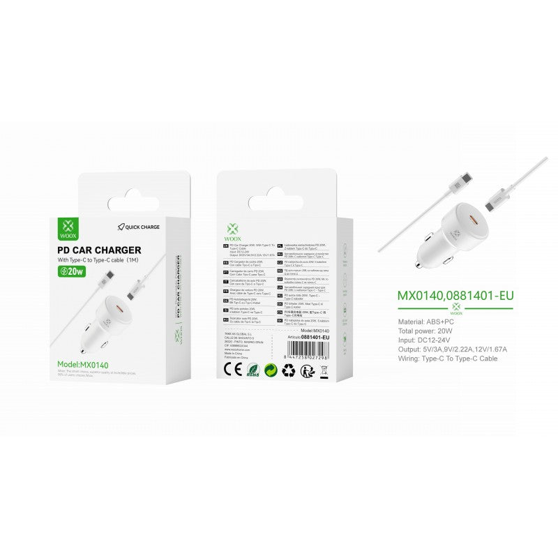 Woox MX0140 Single PD 20W Car Charger with TypeC to TypeC cable, White