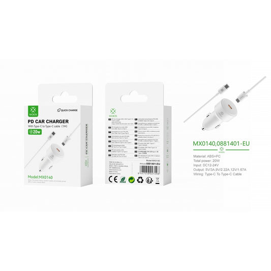 Woox MX0140 Single PD 20W Car Charger with TypeC to TypeC cable, White