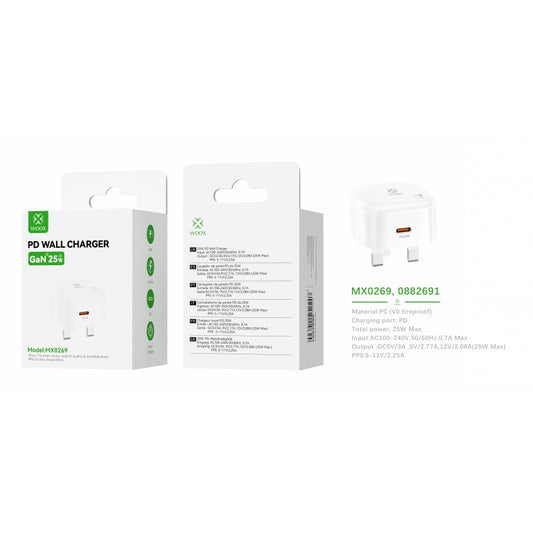 Woox MX0269 Mini UK Type-C 25W GaN PD Wall Charger without Cable, 5V 3A, White