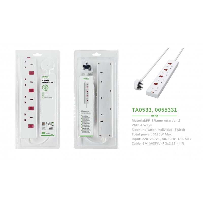 TA0533 2 Meter 4 Gang UK Extension cord and socket with individual switches & neons, 13 Amp, 2814N(5N), White