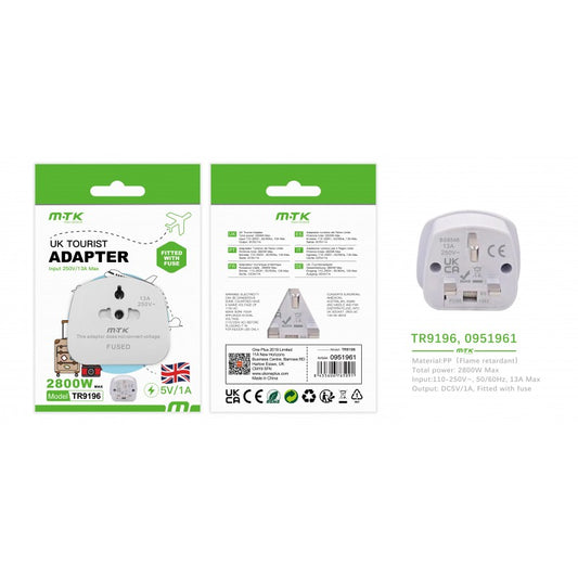 TR9196 UK Travel Adapter, World to UK, 13A, with Fuse, White