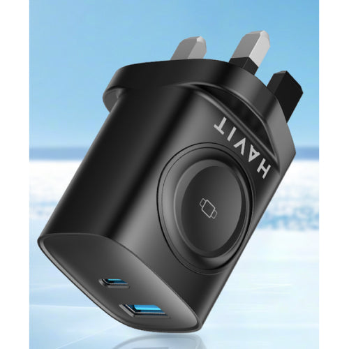 HAVIT UK 22W Mains Fast Charging 2 port USB-A + USB-C with Built-in Magnetic Watch Charger - Black