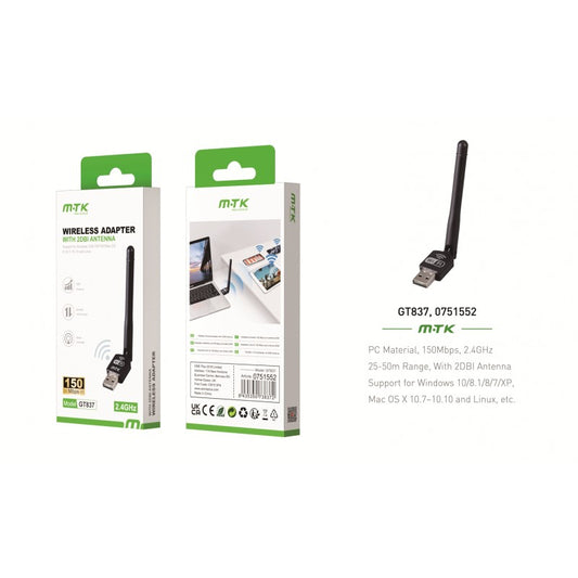 GT837 Mini USB Wifi Adaptor with Antenna 2DBI, 150Mbps, Black