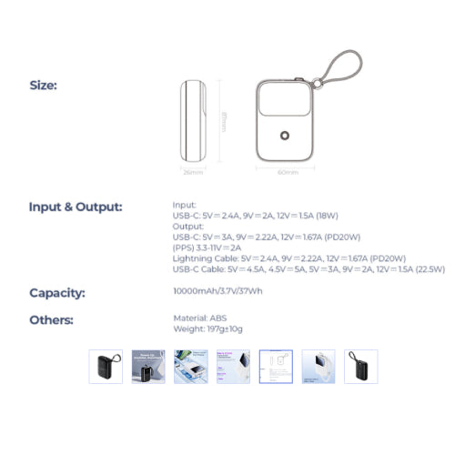 Havit PB5215 PD22.5W USB-C and Lightning  Cable 10,000 mAh Powerbank - White