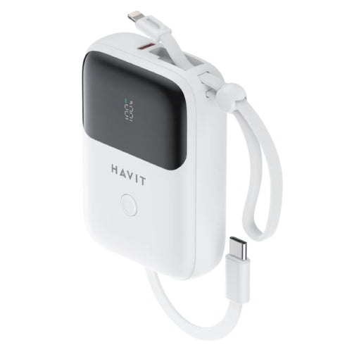 Havit PB5215 PD22.5W USB-C and Lightning  Cable 10,000 mAh Powerbank - White