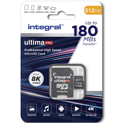 Integral 512GB UltimaPRO A2 V30 High Speed microSD Card (SDXC) UHS-I U3 - 180MB/s