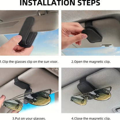 Magnetic Faux Leather Car Sun Visor Sunglasses Holder Glasses Portable Clip Storage Rack - Black