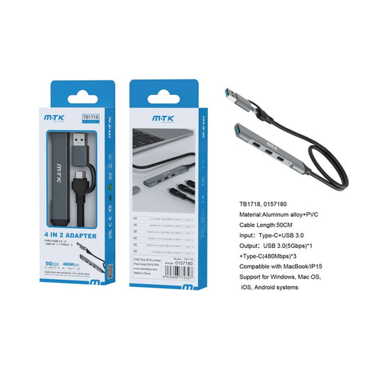 TB1718 4 in 2 Type-C & USB 3.0 OTG Adapter, USB/F + Type-C/F*3, Grey