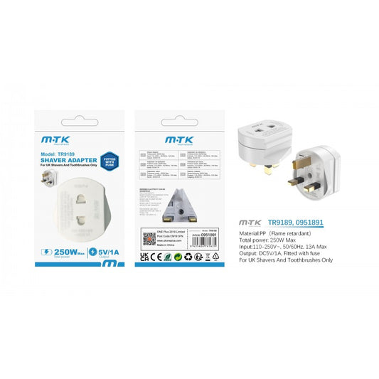 TR9189 UK Toothbrush & Shaving Adaptor Plug, 2 Pin to 3 Pin Electric Converter, 1A, White (Blister)
