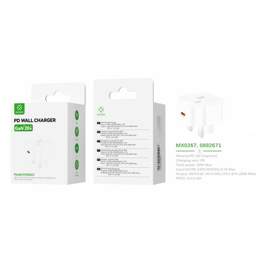 Woox MX0267 Mini UK Type-C 20W GaN PD Wall Charger without Cable, 5V 3A, White
