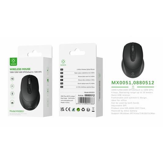 Woox MX0051 2.4G Wireless Mouse, 1000/1200/1600DPI, Black
