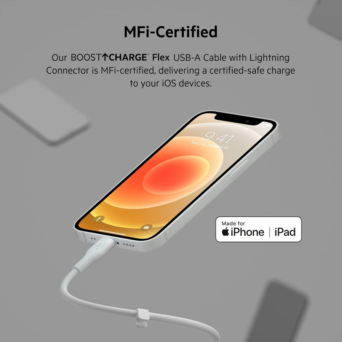 Belkin BoostCharge Flex Silicone USB Type A to Lightning Cable (2M/6.6FT), MFi Certified Charging Cable for iPhone White