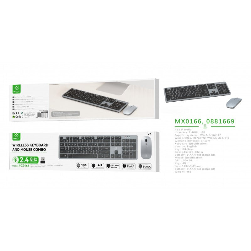 Woox MX0166 2.4G Wireless Keyboard & Mouse Combo, 800-1200-1600DPI, 1*AA battery (not Incl) English, Grey
