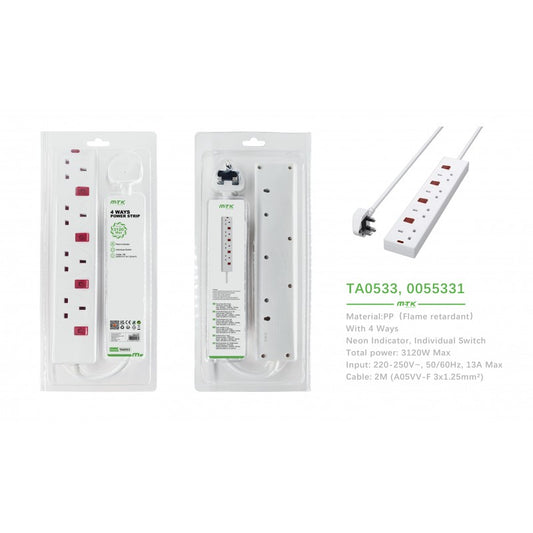 TA0533 2 Meter 4 Gang UK Extension cord and socket with individual switches & neons, 13 Amp, 2814N(5N), White