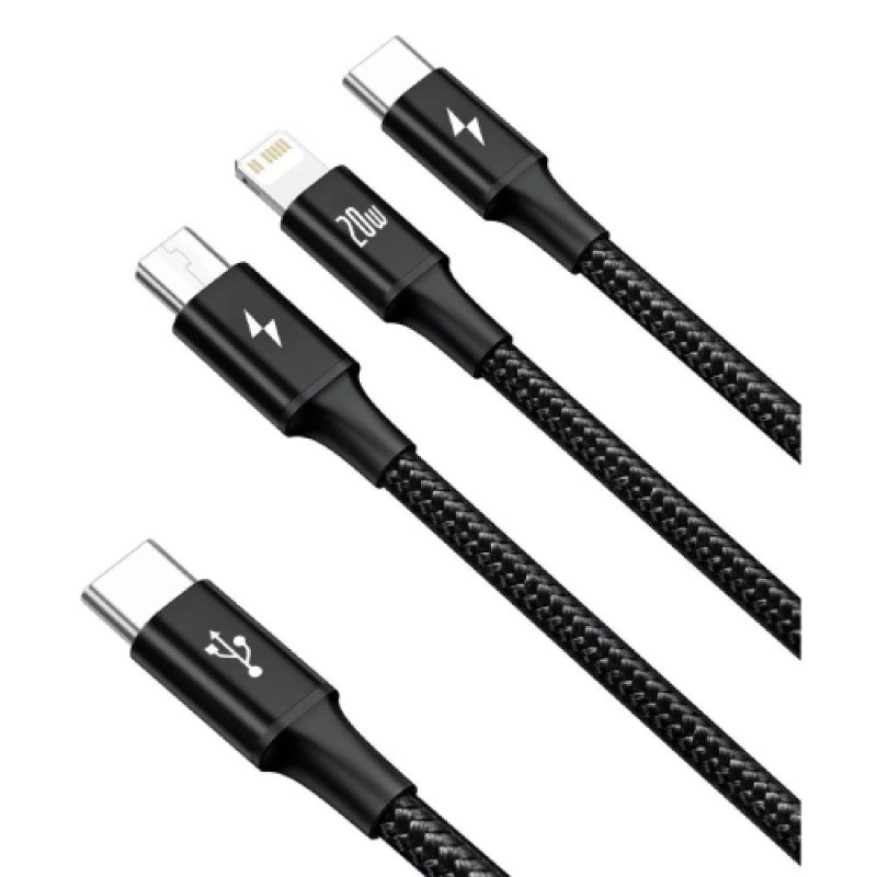 Baseus Rapid Series 3-in-1 Fast Charging Data Cable Type-C to C+L+C PD 20W 1.5m -  Black