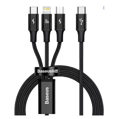 Baseus Rapid Series 3-in-1 Fast Charging Data Cable Type-C to C+L+C PD 20W 1.5m -  Black