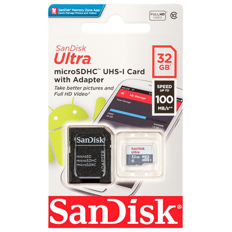 SanDisk 32GB Ultra Lite microSD Card (SDHC) + Adapter - 100MB/s