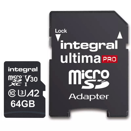 Integral 64GB UltimaPRO A2 V30 High Speed microSD Card (SDXC) UHS-I U3 + Adapter - 180MB/s