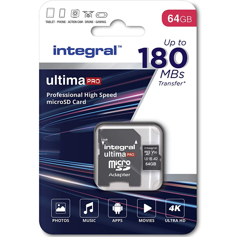 Integral 64GB UltimaPRO A2 V30 High Speed microSD Card (SDXC) UHS-I U3 + Adapter - 180MB/s