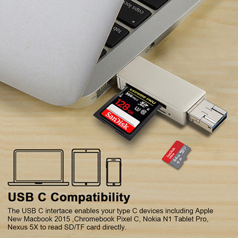 SD & MicroSD Card Reader - USB-C to Micro USB & USB