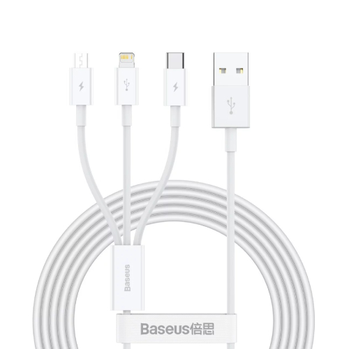 Baseus Superior Series Fast Charging Data Cable USB to Micro USB +Lightning+USB-C 3.5A 1.5m - White