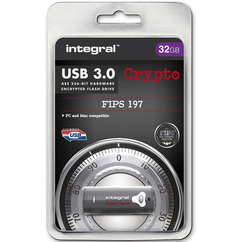 Integral 32GB Crypto FIPS 197 256-Bit AES Hardware Encrypt USB 3.0 Flash Drive - 140MB/s