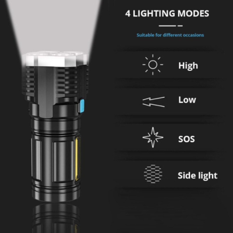 LED  Rechargeable Flashlight with COB Side Light and Powerful with 4 Modes