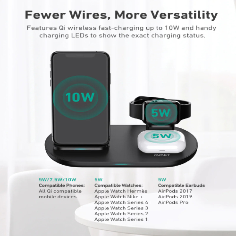 AUKEY LC-A3 Aircore 3 in 1 Wireless Charging Station Stand White