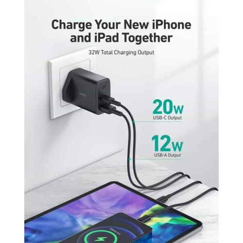 AUKEY 32W PA-F3S 2 Port PD Type-C Wall Charger - Black