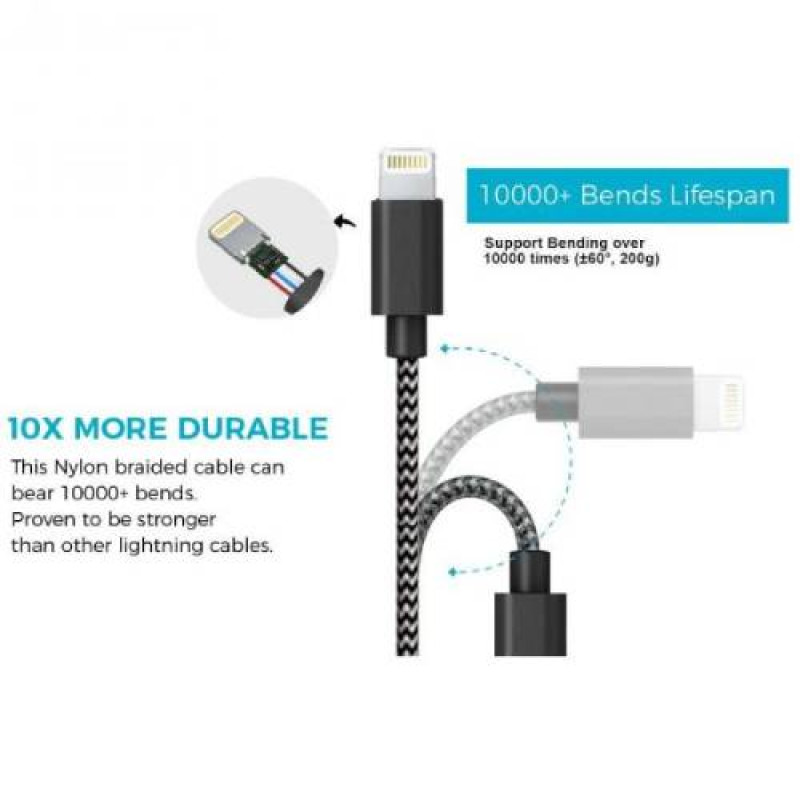 Purtech 10 Ft Apple-Certified Braided  Lightning Cable - Black and White