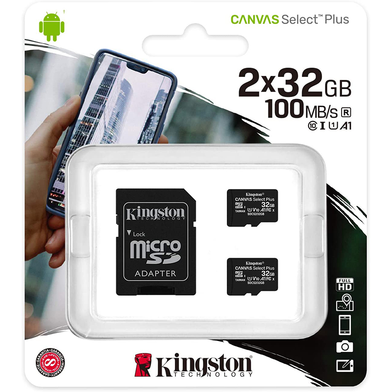 Kingston 32GB Canvas Select Plus microSD Card (SDHC) A1 C10 + SD Adapter 2 Pack - 100MB/s