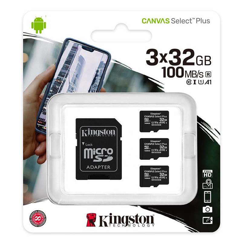 Kingston 32GB Canvas Select Plus microSD Card (SDHC) A1 Card C10 + SD Adapter 3 Pack - 100MB/s