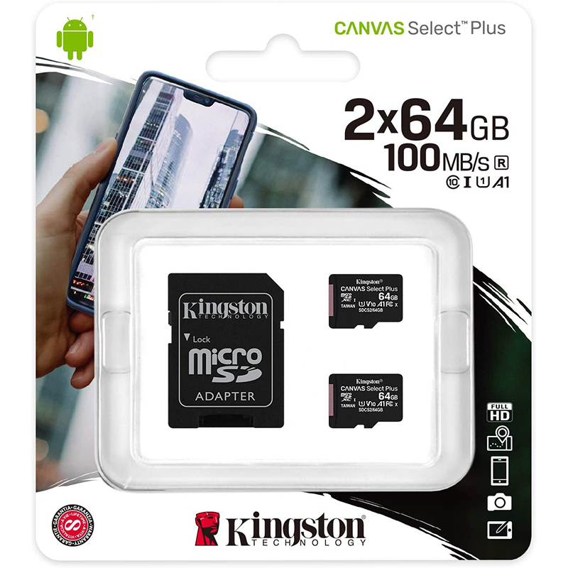 Kingston 64GB Canvas Select Plus microSD Card (SDXC) A1 C10 + SD Adapter 2 Pack - 100MB/s