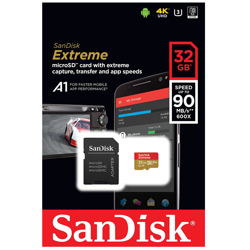 SanDisk 32GB Extreme A1 microSD Card (SDHC) UHS-I U3 + Adapter - 90MB/s