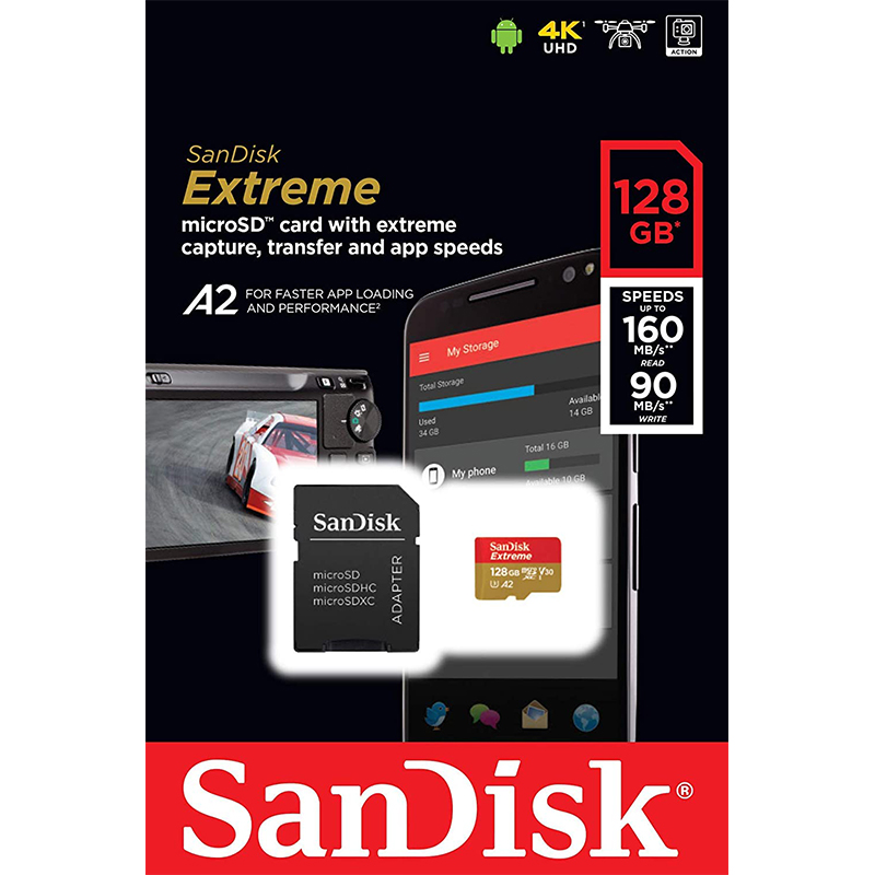 SanDisk 128GB Extreme A2 V30 Micro SD Card (SDXC) UHS-I U3 + Adapter- 160MB/s